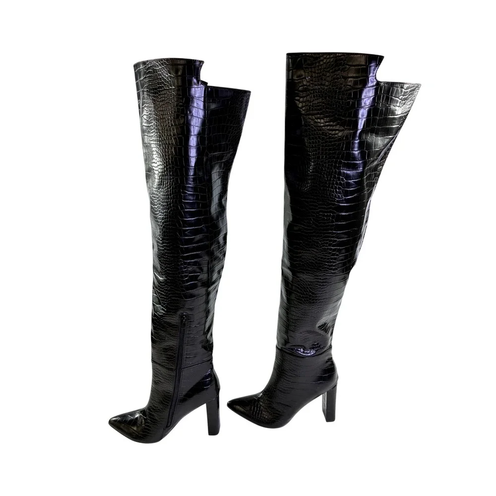 Lemonade Visionary Black Croc Embossed Over The Knee Thigh High Block Heel Boots